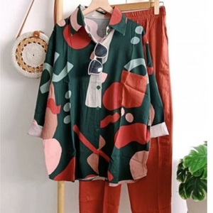 Women's Printed Casual Long Sleeve Shirt Long <b>Pants</b> 2 Piece Set Fashion - Product Image 2