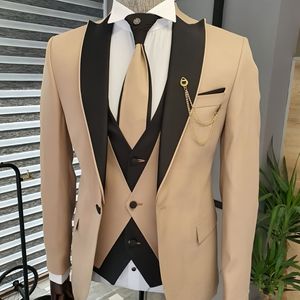 Traje Formal <span class=keywords><strong>Color</strong></span> Caqui para Hombre, Corte Entallado, de 3 Piezas, para Boda, Novio, Terno, Blazer, Chaleco y Pantalón Personalizados - Product Image 2