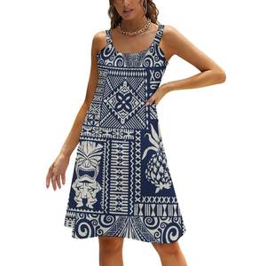 Robe d'été décontractée pour femme à bretelles spaghetti, imprimé lignes ondulées abstraites, design polynésien, color block vert et noir audacieux - Product Image 2