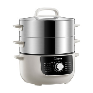 Cuiseur vapeur électrique Midea à 3 niveaux en acier inoxydable avec contrôle mécanique du minuterie et couvercle en verre trempé - Product Image 2