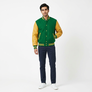 Blouson Bomber Varsity Homme Haute Qualité Design Personnalisé Col Montant Logo Avant Manches Vertes Dorées Vente en Gros - Product Image 1
