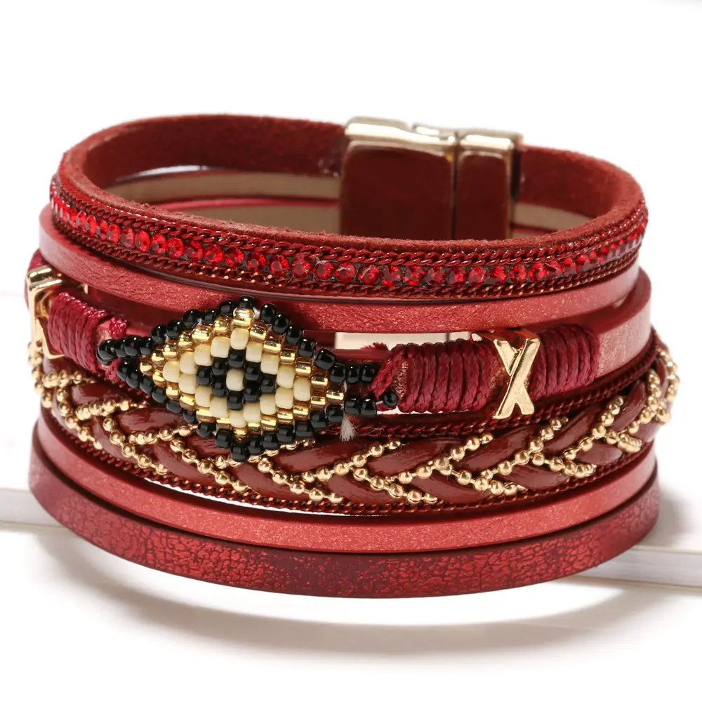 Bohemian Vintage Tukish Eyes Leather Braided Cuff Bracelet Multi Layers Seed Bead Evil Eyes Leather Bracelet