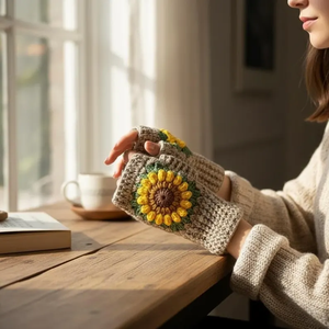 Crochet Sunflower Fingerless Gloves: Handmade <b>Granny</b> Square Hand WarmersGift Christmas <b>Gift</b> - Product Image 5