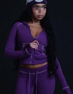 2 parça sıska uzun boylu kız dostu eşofman özel Logo heykel streç Loungewear fermuarlı kapüşonlu eşofman üstü ceket ve pantolon seti kadın - Product Image 4