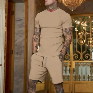 Custom Set celana pendek, dua potong ukuran besar bordir kasual lengan pendek Solid olahraga jogging Set celana pendek pria