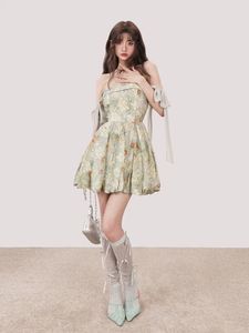Robe mini élégante à imprimé floral avec bretelles à nœud, col épaules dénudées, coupe trapèze, ourlet bouffant, robe d'été décontractée pour soirée - Product Image 5