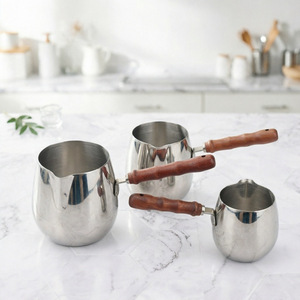 Stainless Steel Milk Pitcher <b>Set</b> With <b>Wooden</b> Handle For Coffee <b>Tea</b> Making 3 Sizes Round Design Ergonomic Handle - Product Image 1