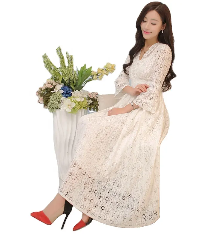 New Design Korea Women's V-neck Lace Elegant Dress Vacation Fashion Lady's Solid Color Printing A-line Dress