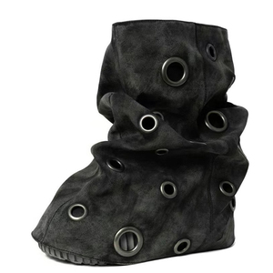 Botines de mujer con suela gruesa y orificios metálicos, botines cortos con superposición, punta redonda, tacón de cuña de suela plana, zapatos de gamuza. - Product Image 2