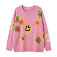 Pull en coton pur jacquard pour femme, col rond, manches longues, motif floral Smiley Face, coupe ample, style vintage rose