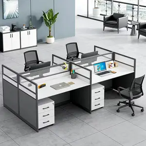 带电缆管理工作站的现代木制4人办公桌