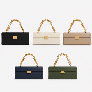 Bolso de mano rectangular largo negro <span class=keywords><strong>con</strong></span> asa de <span class=keywords><strong>cadena</strong></span> <span class=keywords><strong>dorada</strong></span> gruesa, bolso tipo caja estructurado estilo East West para mujer, bolso de hombro tipo clutch de noche - Product Image 6