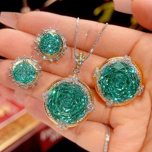 Wholesale Eco-friendly Copper 18-10mm Paraiba Green Zircon Pendant <b>Earring</b> Ring Wedding Jewellery <b>Set</b> Gold Plated for Women - Product Image 3
