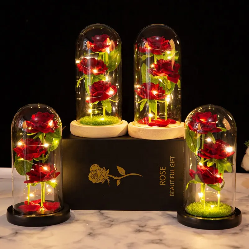 Valentine's Day Gifts Artificial Rose In Glass Dome with led light Decorative Artificial Flowers in Glass Dome for Home Decor