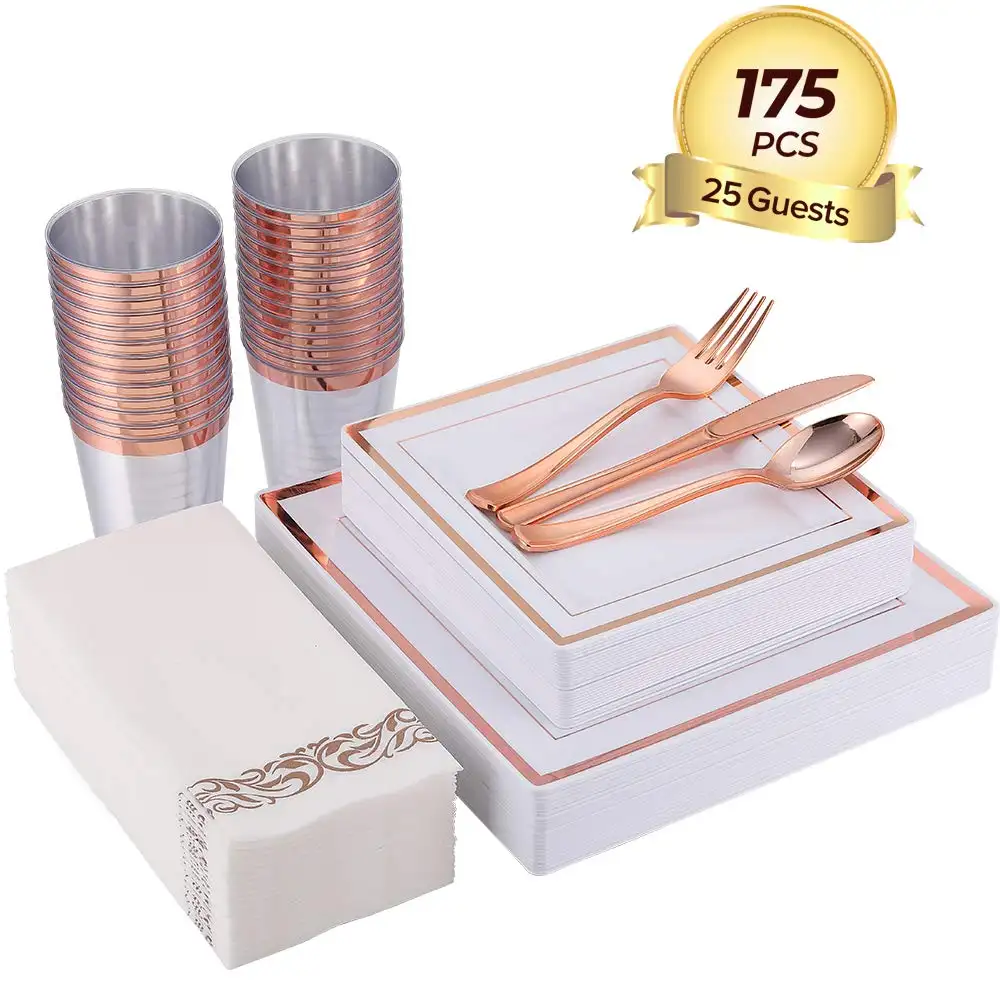 Bán buôn 175PCS Rose Gold dùng một lần vuông nhựa tấm đồ ăn Set cho Đảng