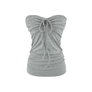 <b>Women</b> Vintage Breathable Eco-Friendly Knitted Tank <b>Top</b> Casual Short Length Plain Color Ruched <b>Mesh</b> Hardware Front Logo Placement - Product Image 5
