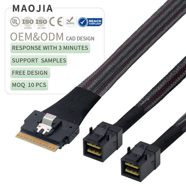 MINI SlimSAS SFF-8654 8i 74 Pin Male to Dual SFF-8643 4i Female Server Connection Cable 0.5m/0.8 With Nylon Braided Wire Harness