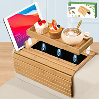 Bandeja Plegable de Bambú para Sofá, Mesa Magnética Desmontable para Brazo de Sofá con Soporte para Teléfono y Tablet