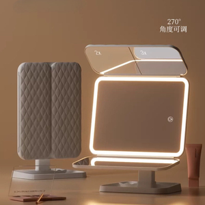 Ensemble de coiffeuse étroite tout métal avec <span class=keywords><strong>miroir</strong></span> LED pliable en trois parties, organisateur de cosmétiques multi-niveaux et armoire latérale à <span class=keywords><strong>2</strong></span> tiroirs, finition douce - Product Image 6