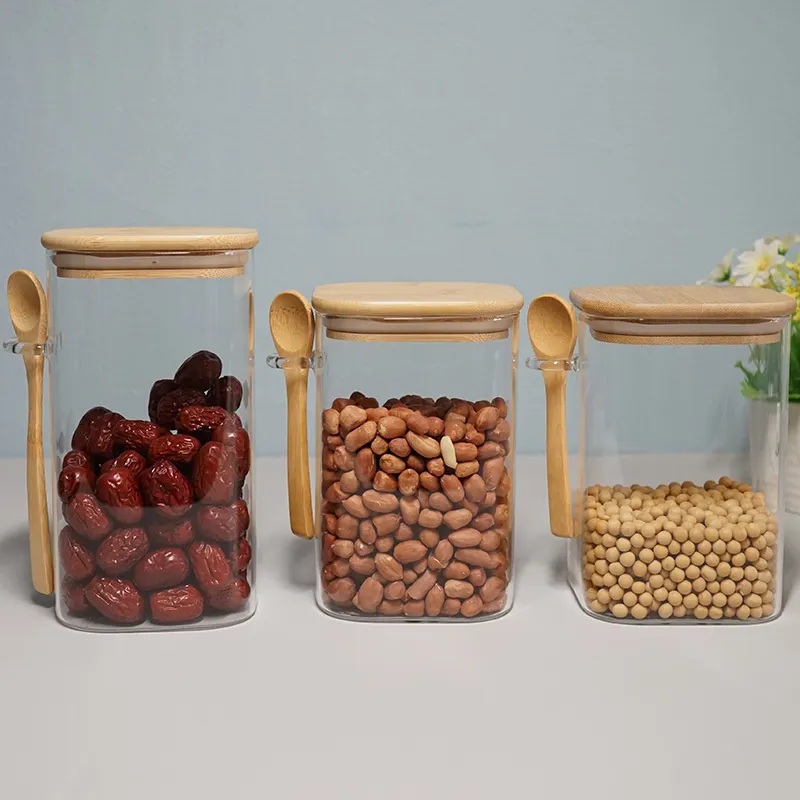Offre Spéciale récipients de stockage empilables dans la cuisine, pot en verre carré borosilicate avec couvercles en bois de bambou hermétiques
