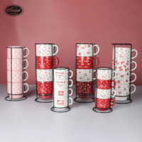 Tasse à café en porcelaine imprimée Saint-Valentin SWT en gros, cadeau de fête pour la maison, tasse en céramique empilable avec support métallique