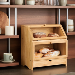 Hộp bánh mì tre Hai Lớp Có cửa sổ, Thùng Lưu Trữ bánh mì nhà bếp bằng gỗ có ngăn kéo, hộp bánh mì góc đa phong cách - Product Image 1