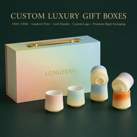 Coffret en carton rigide haut de gamme personnalisé, dégradé pêche-vert sarcelle, avec poignée en cuir, en matériaux recyclés, pour emballage de thé et de vaisselle.