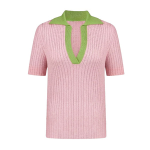 Polo côtelé à manches courtes pour femme, col rose et vert, coupe courte, été 2026 - Product Image 5