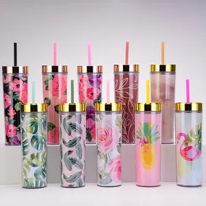 Wholesale 16oz Tumbler Trend Flower Double Wall Acrylic Tea Coffee Skinny Plastic Tumbler Cups In Bulk With Lid And Straw