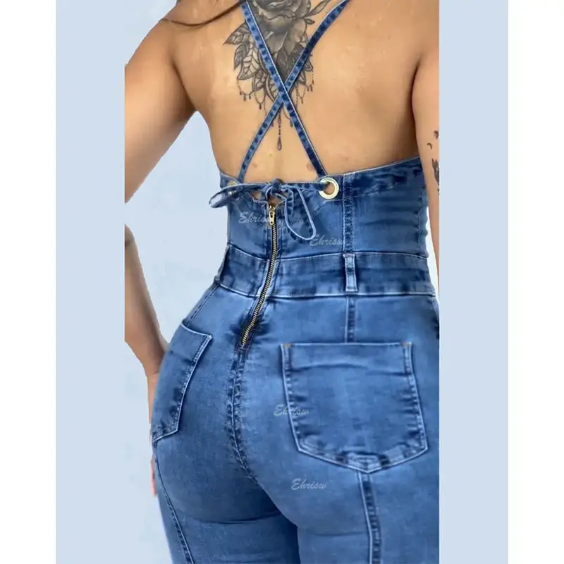 Fajas colombianas DENIM JEANS jumpsuit-สีน้ำเงิน