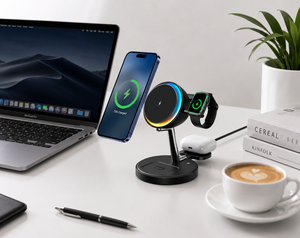 3-in-1 Fast 15W Wireless Charger Stand Magnetic Holder with Colorful LED Ambient Lighting Eco-Friendly Multifunctional <b>Charge</b> - Product Image 5