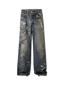 Vaqueros Rectos Holgados Distintivos de High Street para <span class=keywords><strong>Hombre</strong></span>, Estilo Vintage, Corte Real, Impresión Digital, Denim Oscuro, Populares - Product Image 4