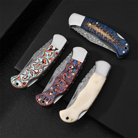 Couteau pliant de survie en plein air, manche stable en bois et os de bœuf Micarta, lame en acier Damas, couteau de poche EDC pour le camping