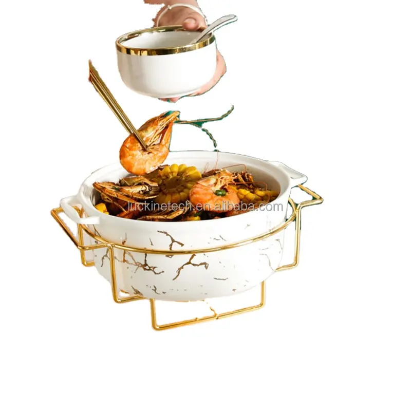 Suporte de casserola criativo, talheres de ouro mármore nórdico com suporte de vela, tigela de sopa de cerâmica com tampa