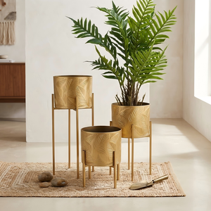 Ensemble de jardinières sur pied <span class=keywords><strong>en</strong></span> fer doré écologique de haute qualité, <span class=keywords><strong>pot</strong></span> de fleurs <span class=keywords><strong>en</strong></span> métal à feuilles gaufrées, moderne, décoratif pour plantes d'intérieur 3-6L - Product Image 3