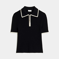 Pull court de style rétro à manches courtes et bordures côtelées contrastées Col polo avec fermeture éclair