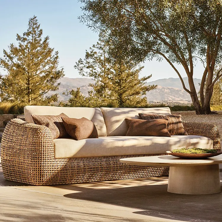 ATUNUS-Sofá de mimbre para patio, muebles de jardín de mimbre marrón grande, venta de conjuntos de sofás de Acacia para exteriores