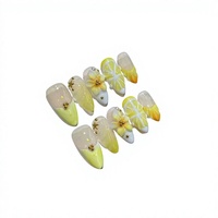 Ensemble de faux ongles en amande faits à la main B633, motifs floraux, citron et pois dorés, pour doigts