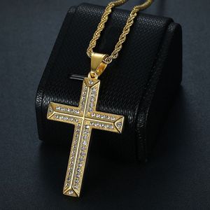 Cross Pendant Necklace <b>Titanium</b> Steel Gold Plated Diamond Encrusted Religious Unisex Jewelry - Product Image 2