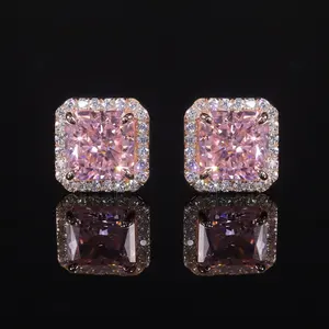 AE123 Abiding Wholesale Rose Gold Plated Asscher Princess Cut 8x8MM Diamond-fire Pink Cz Cubic Zirconia Halo Silver Earrings