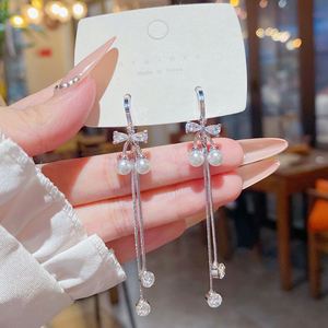 Korean Long Tassel Chain Imitation Pearl Cherry <b>Earrings</b> for Women Bridal Temperament Zircon Drop Dangling <b>Earrings</b> Jewelry - Product Image 4
