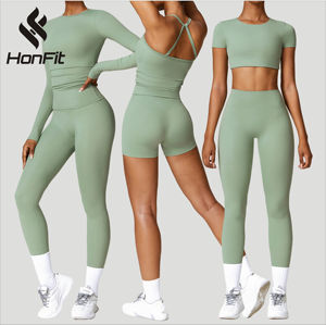 Honfit Sport Pak Hoge Taille Leggings Hardloop Crop Top Naadloze Activewear Kleding Workout Kleding Yoga Set Vrouwen <span class=keywords><strong>Gym</strong></span> Fitness Sets - Product Image 1