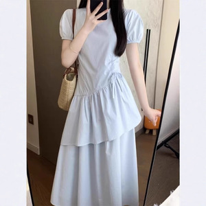 French Style Gentle Short Sleeve Light Blue Dress <b>Elastic</b> Waist Crew Neck Asymmetric Tiered <b>Skirt</b> Solid Color Daily Casual Dress - Product Image 2
