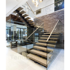 U Forma Aço Escadas Com Madeira Passos e Mono Stringer e Vidro Trilho - Product Image 4