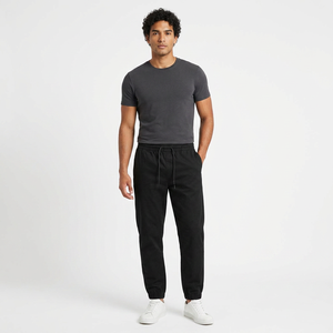 Pantalon de jogging décontracté pour homme en coton noir léger délavé, taille élastique avec cordon de serrage, poches latérales, respirant, automne - Product Image 1
