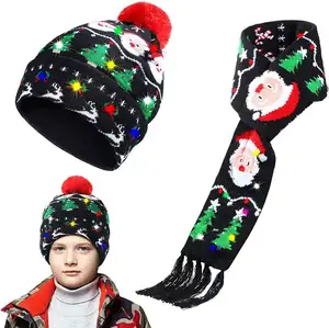 Nuevo gorro y bufanda cálidos con luz LED de moda, gorros navideños luminosos con diseño navideño