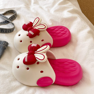Sabots mignons à oreilles de lapin et nœud de dessin animé, semelle épaisse, chaussures nuages douces, antidérapantes, pantoufles fermées pour femmes, pour l'extérieur en été - Product Image 1