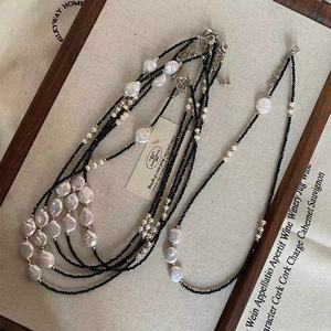 Collier en argent 925 de forme baroque, chaîne de clavicule, cristal noir pointu, lettres en argent brisé, collier de perles naturel tendance - Product Image 1