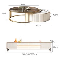 Meubles de salon modernes, table basse en acier inoxydable avec base en or, ensemble de deux pièces de table basse ronde et de meuble TV en pierre blanche