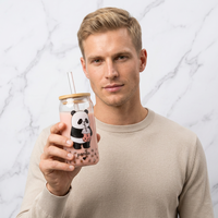 Gobelet en verre borosilicate avec couvercle en bambou et paille en verre, motif panda mignon, réutilisable pour bubble tea et café glacé